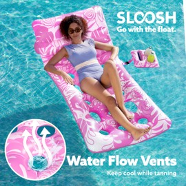 SLOOSH Adjustable Backrest Pool Floats - Tropical Leaves Pool Lounger Floaties Adults with Cup Holders, Inflatable Tanning Float Rafts Chair Beach Lake Lounge Floating Above Water Keep Cool (Pink)