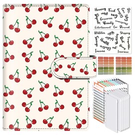 ALKKDPS Budget Binder with Cash Zipper Envelopes, Cute A6 Money Saving Binder, PU Leather Money Organizer, Cash Envelopes and 12 Expense Budget Sheets for Budgeting White Red Cherries