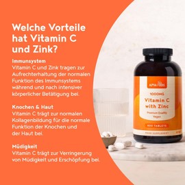 Vitamin C High Dose 1000mg + Zinc 15mg | 400 Tablets for 1+ Year | Vegetarian and Without Unnecessary Additives | Support of the Immune System | Alpha Foods