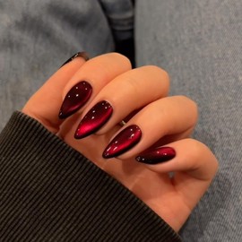 KQueenest Dark Red Press on Nails Cat Eye, Valentines Burgundy Glitter Press on Nails Almond Medium, Sparkly Shiny Fake Nails Set, Cute Bling Glue on Nails Medium for Women Party Birthday, 30 Pcs