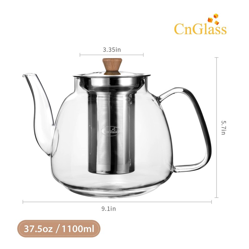CNGLASS Glass Teapot with Infuser(37.5oz),Clear Tea Kettle with Removable Stainless