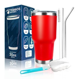Vaso térmico de 30 oz – Acero inoxidable 18/8 con doble pared, mantiene bebidas frías y calientes, incluye 2 popotes de acero, cepillo limpiador, tapa a prueba de fugas y base de fácil agarre (rojo)