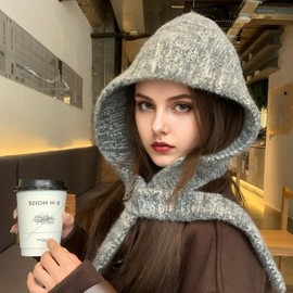 Women's Winter Warm Knit Balaclava Scarf Hat with Ear Cover for Students & Couples lf1606 Free Size/Horn Button Duet Gray 2ea