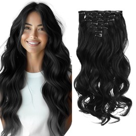 Vlasy Hair Extensions Clip in,7PCS Wavy Clip in Extensions,20 Inches Long Synthetic Clip on Hair Hairpiece Full Head for Women Girls(1#)