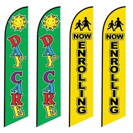 Four Swooper Feather Flags 2 Day Care and 2 Now Enrolling outdoor Advertising Banners Sign - 4 Replacement flags only
