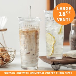 KEMORELA 18oz Glass Tumbler Set of 2 with Straw and Lid – Durable, Leak-Proof, Wide-Mouth Design – Perfect for Iced Beverages, Smoothies, and Daily Hydration Needs