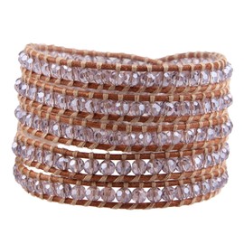 KELITCH Crystal Bead 5 Wrap Bracelet on Beige Leather