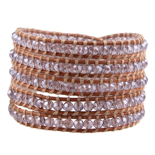 KELITCH Crystal Bead 5 Wrap Bracelet on Beige Leather
