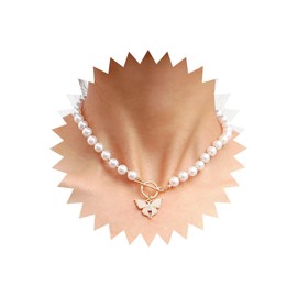 TseenYi Vintage Pearl Necklace Choker Boho Pearl Butterfly Ot Necklace Gold Pearl Strand Necklace Butterfly Pearl Toggle Necklace Chain Jewellery for Women and Girls, Pearl