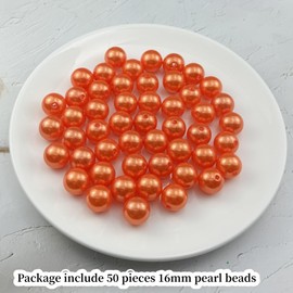 YUEXIGO 50pcs Pearl Beads for Crafts 16mm Resin Pearl for Jewelry Making Round Bulk Pearls Beads with Hole for Sewing Crafts Decoration Necklaces Bracelets Earrings Making(Orange)