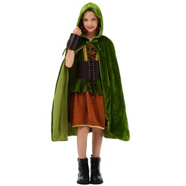 Mecamelon 7 Pcs Archer Costume for Girls Medieval Renaissance Hunter Dress Costume with Cape (Green, 7-8 Years)