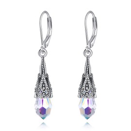 Aurora Borealis Crystal Earrings 925 Sterling Silver Vintage Retro Oxidized Dangle Leverback Earrings with 11mm Teardrop Austrian Crystal Birthday Jewelry Gifts for Women - Style B