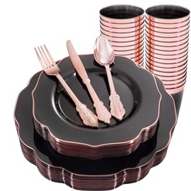 BUCLA 180pcs Clear and Gold Plastic Plates with Disposable Silverware and Cups-Including 60Gold Plates, 30Cups, 30Forks, 30Knives and 30Spoons for Wedding