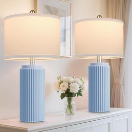 23.5’’ Farmhouse Table Lamps for Living Room Set of 2, Modern Elegant Ceramic Bedside Nightstand Lamps with White Linen Shade for Bedroom, Coastal Lamps Set for Study Home Office:_Cream-2_23.5"
