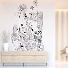 Runtoo Black Flowers Wall Art Stickers Dandelion Butterfly Floral Wall Decals Living Room Bedroom Home Decor