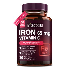 Vitacook Iron Supplement for Women Men | High Potency Iron 65mg with Vitamin C 250mg | Stomach Friendly Iron Pills for Red Blood Cell & Immune Support | Vegan, Non-GMO & Gluten Free | 30 Tabs