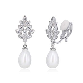 QUKE Women's Leaf Shape Cubic Zirconia Crystal Artificial Pearl Earrings Dangle Non Pierced Ear Clips and Pierced Ear Earrings Fashion Jewellery for Women, Brass, Crystal