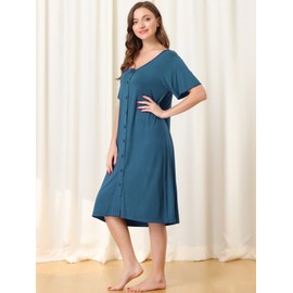 cheibear Womens Modal Nightshirt Soft Button Down Nightgown Short Sleeve Pajama Sleepshirt Blue L