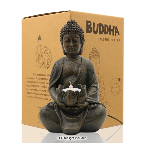 Yeomoo Meditating Buddha Tea Light Holder/Candle Holder Statue Zen Buddha Figure Decoration with Lotus - Indoor/Outdoor Decoration for Home, Garden, Yard, Art Decoration - with a LED Tealight Resin 1P