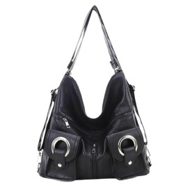 HALGIO Hobo Bag, Shoulder Bag, Backpack, 2-Way Y2K Bag, Women’s Bag, Leather-Style, Black, Cross-body Bag, Bag, Pocket, Stylish, Cute, Popular, Trend