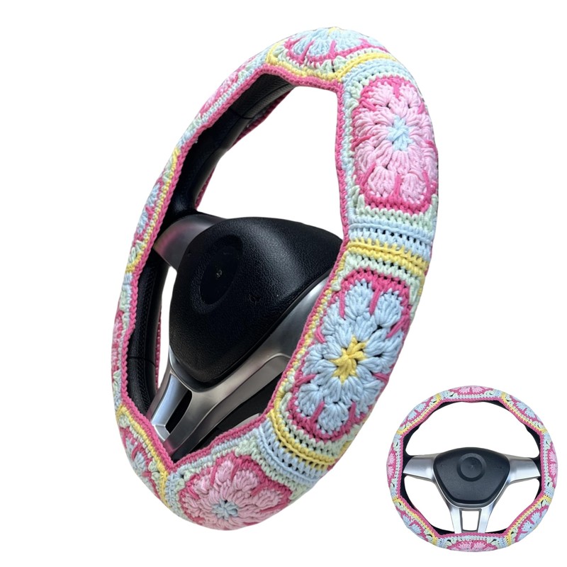 Handmade Crochet Pink Fower Granny Square Car Steering Wheel Covers