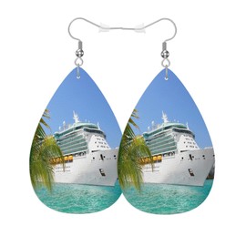 Vosach Sea Cruise Leather Teardrop Earrings Sailing Vacation Cruise Ship Tropical Summer Palm Beach Faux Leather Water Drop Earrings Jewelry For Women Friends Wedding
