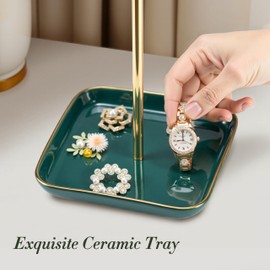 Jewelry Holder Stand with Ceramic Base: 12" Tall Necklace Organizer Rack, Tree Design Display Storage for Necklaces, Bracelets, Rings, Earrings, Aesthetic Room Décor for Girls and Women, Green