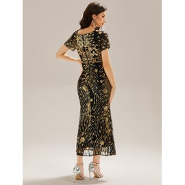 Ever-Pretty Women's Gorgeous Round Neck Sequin Embroidered Short Sleeve Maxi Mermaid Formal Evening Dresses Black and Gold US4