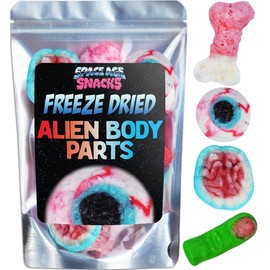 Freeze Dried Alien Body Parts - Shipped in a Spaceship Box for Extra Protection - with Fun Stickers - Premium Freeze Dried Candy with Alien Brains, Eyeballs, Fingers, and Bones (4 Ounces)