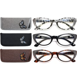 EYEURL 3-Pack Cat Eye Reading Glasses for Women Blue Light Blocking Computer Readers with Rhinestones Anti UV Rays Eyeglasses with Spring Hinges 1.0