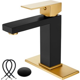 Midanya Bathroom Sink Faucet 1 Hole Single Handle Deck Mount Lavatory Mixer Tap Include Cover Plate One Lever Stainless Steel SUS304 Commercial,Matte Black and Brushed Gold Plate with Pop Up Drain