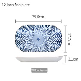 Gegong 12 inch Fish Plate Blue and White Porcelain Dish Serving Plate Floral Dinner Shallow Plate Appetizer Salad Dessert Snack Plate (Willow Leaves)