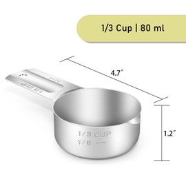 BERYLER 1PCS 1/3Cup (80ml, 2.7oz) Single Measuring Cup, Stainless Steel Measure Scoop, Metric and US Measurement, Dishwasher Safe