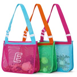 3Pcs Alphabet Printed Seashell Bags, Lightweight & Foldable Kids Beach Toy Mesh Bags with Adjustable Straps, Waterproof and Portable for Pool and Beach Essentials-E