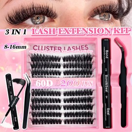 200 Pieces DIY Eyelash Extensions Set, 8-16 mm, Mixed Fluffy Eyelashes, Individual False Eyelash Clusters with Eyelash Glue and Tweezers for Beginners, Reusable Eyelash Clusters (6K)