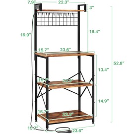SNTD Bakers Rack with Power Outlet, Kitchen Shelves Microwave Stand with Wire Grid and 10 Hooks, 4 Tiers Coffee Stand (Rustic Brown, 23.5 x 15.6 x 52.8 Inches)