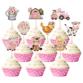 Gyufise 36Pcs Pink Floral Farm Animal Cupcake Toppers Pink Cute Girl Farm Animal Birthday Cupcake Toppers Picks for Girls Theme Baby Shower Barnyard Birthday Party Supplies