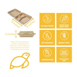 100% Compostable Disposable Food Containers with Lids [8”X8” 3-Comp 200 Pack] Eco-Friendly Take-Out TO-GO Containers, Heavy-Duty, Biodegradable, Unbleached by Earth's Natural Alternative
