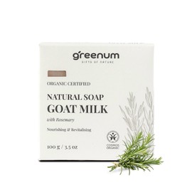 Greenum Organic Certified Natural Soap Goat Milk with Rosemary - Handmade Vegan Soap - 100 g - Nourishing & Invigorating - For Face, Body & Hands - Cosmos Organic
