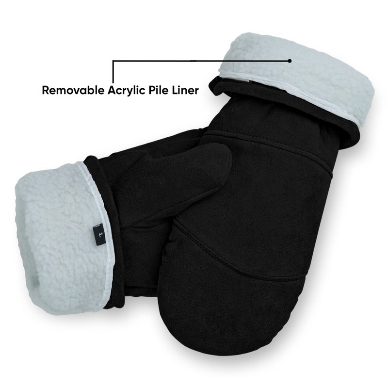 AMERICAN FUR Deerskin Suede Mittens - Black Insulated (Medium)