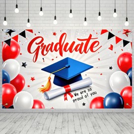 BlissYard Graduation Banner Congrats Grad Outdoor Backdrop 71x43 Inches Grad Banner with Graduation Cap, Balloons and We Are So Proud of You Message for Parties and Celebrations