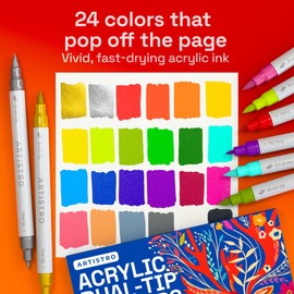 ARTISTRO 24 Acrylic Paint Markers - Paint Pens Dual Tip Brush + Fine Ideal for Calligraphy - Perfect for Fabric, Rock, Glass, Wood, DIY - Art Supplies, Stocking Stuffers, Christmas Gift Idea