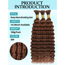 Brown Human Braiding Hair for Boho Braids 100g 3 Bundles/Pack 16 Inch Curly Boho Hair for Braiding Knotless 12A Deep Wave Bulk Bohemian Color 30