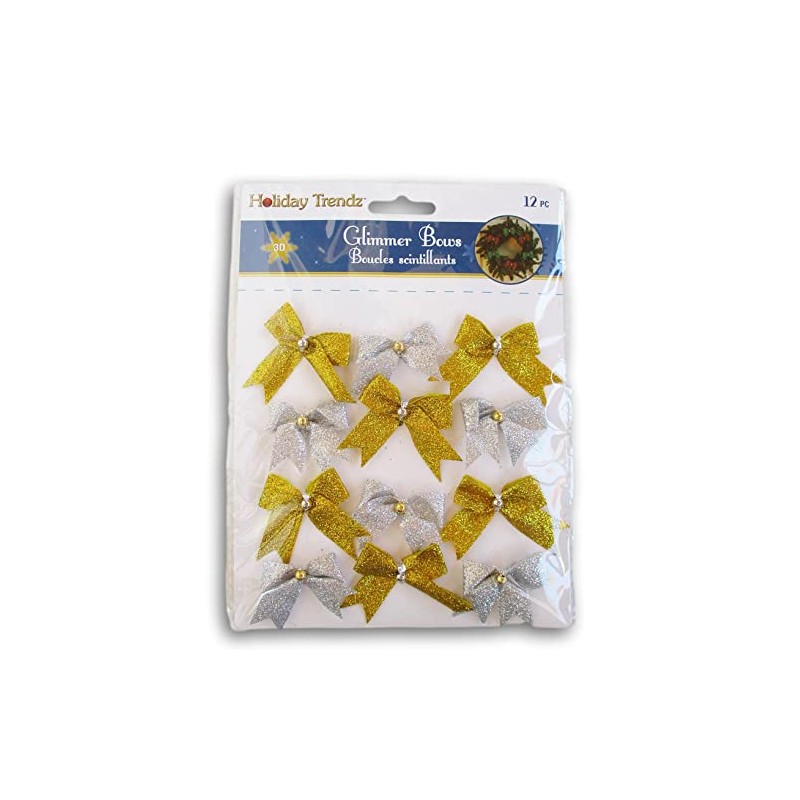 Gold and Silver Glitter Miniature Decorative Tie-On Christmas Bows -