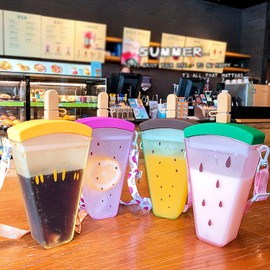 YunQin 320ml Plastic Water Bottles, 4 Colors Cute Watermelon Ice Cream Water Bottle with Straw, Anti-Fall Portable Popsicle Shape Water Cup for Girls (Purple)