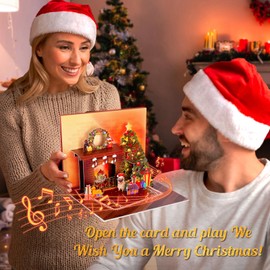 FITMITE Christmas Card Pop Up with Light and Music 3D Santa Fireplace Merry Christmas Greeting Card with Envelope for Kids Girls Women Man