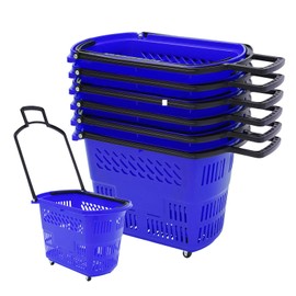 JAYGOVAN 6PCS Shopping Carts with Handles & Wheels,35L Plastic Rolling Shopping Basket,Large Portable Shopping Basket Set Rolling Carts for Supermarkets, Retail Stores, Grocery (Blue)