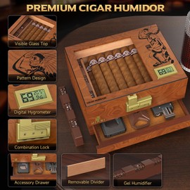 XIFEI Cigar Humidor Box, Cedar Wood Desktop Cigar Case with Digital Hygrometer, Humidifier, Divider, Accessories Drawer and Combination Lock, Glass Top Humidors Gift for Men (Brown)