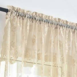 Kotile Beige Lace Curtains 45 Inch Length 2 Panels Rusitc Floral Retro Short Lace Curtains for Kitchen Windows, Rod Pocket Privacy Sheer Cafe Curtain for Cabinet Bathroom Window, 42 x 45 Inch