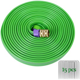 Gnimihz 50ft Sprinkler Soaker Hose with Holes, 3-Tube Sprinkler Hose & Soaker Hose with 15 Landscape Staples, New Flexible Material